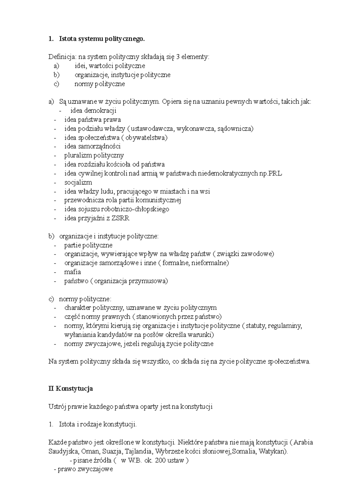 Wallas - notatki - 1. Istota systemu politycznego. Definicja: na system