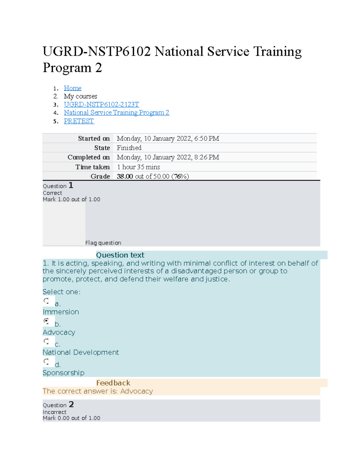 NSTP 2 PRE-TEST - Quiz - UGRD-NSTP6102 National Service Training ...