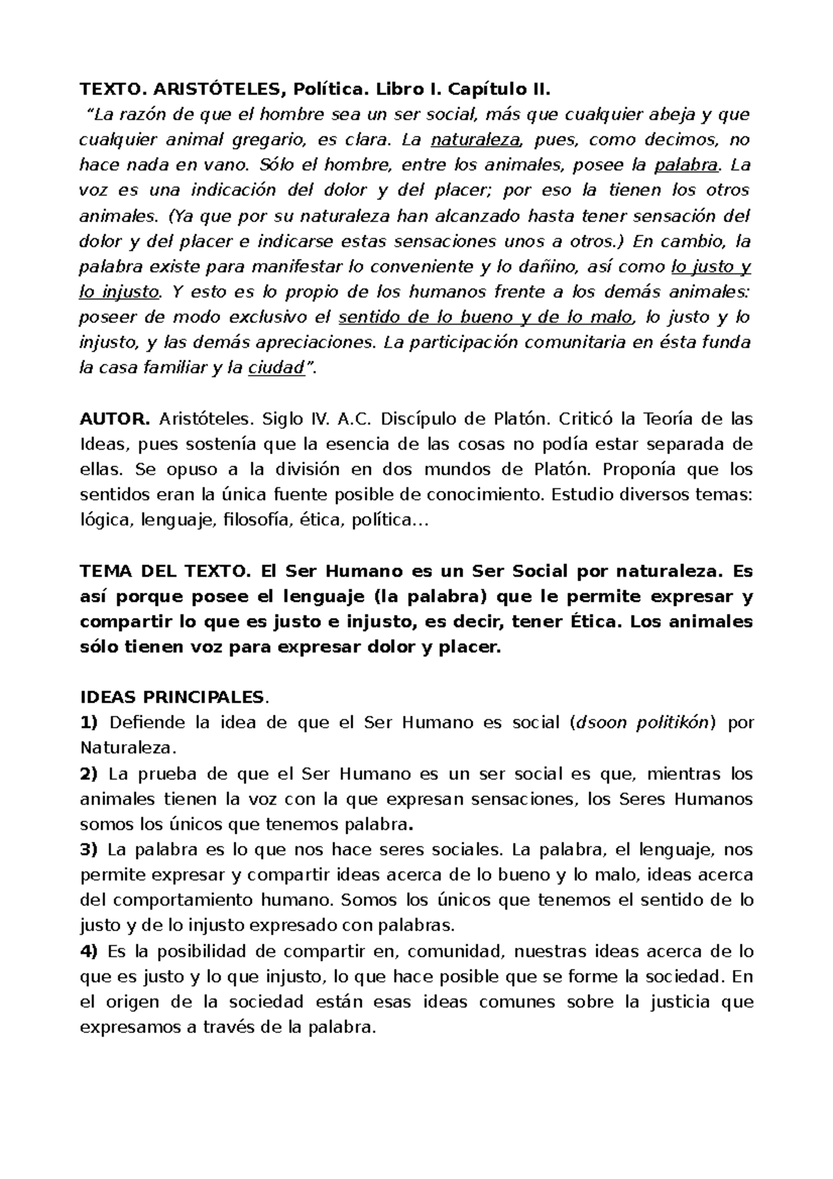 Comentario Aristóteles - TEXTO. ARISTÓTELES, Política. Libro I ...