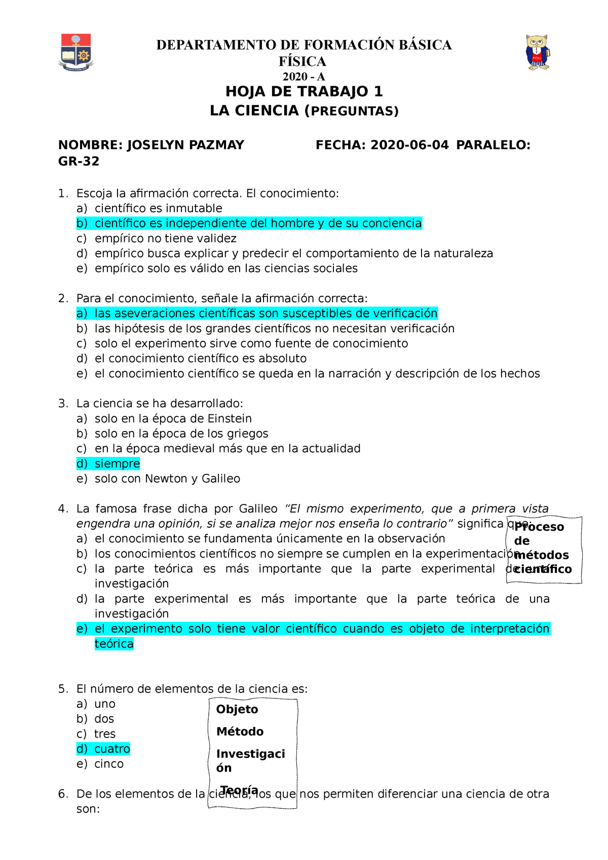 Hoja 1 Ciencia - Proceso De Métodos Científicos FÍSICA 2020 - A HOJA DE ...