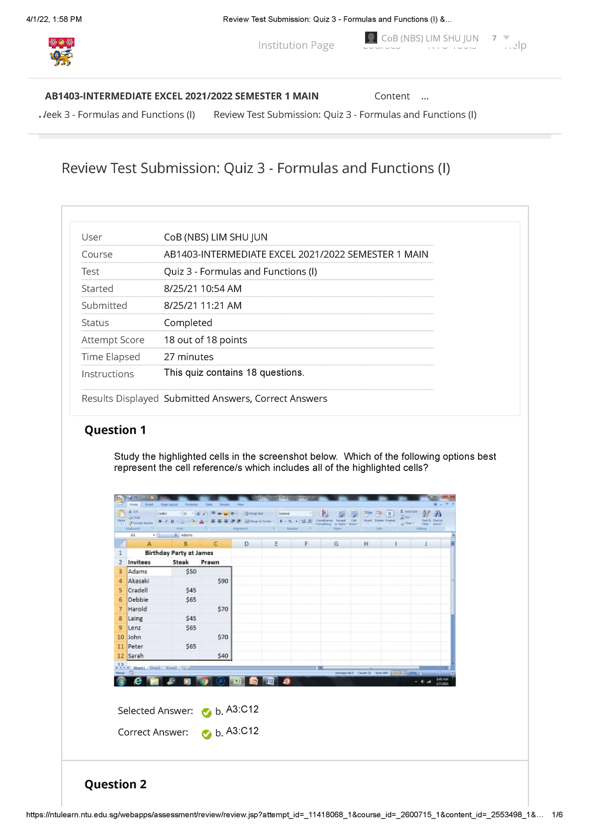 Excel Quiz 3 Answers - Review Test Submission: Quiz 3 - Formulas And ...