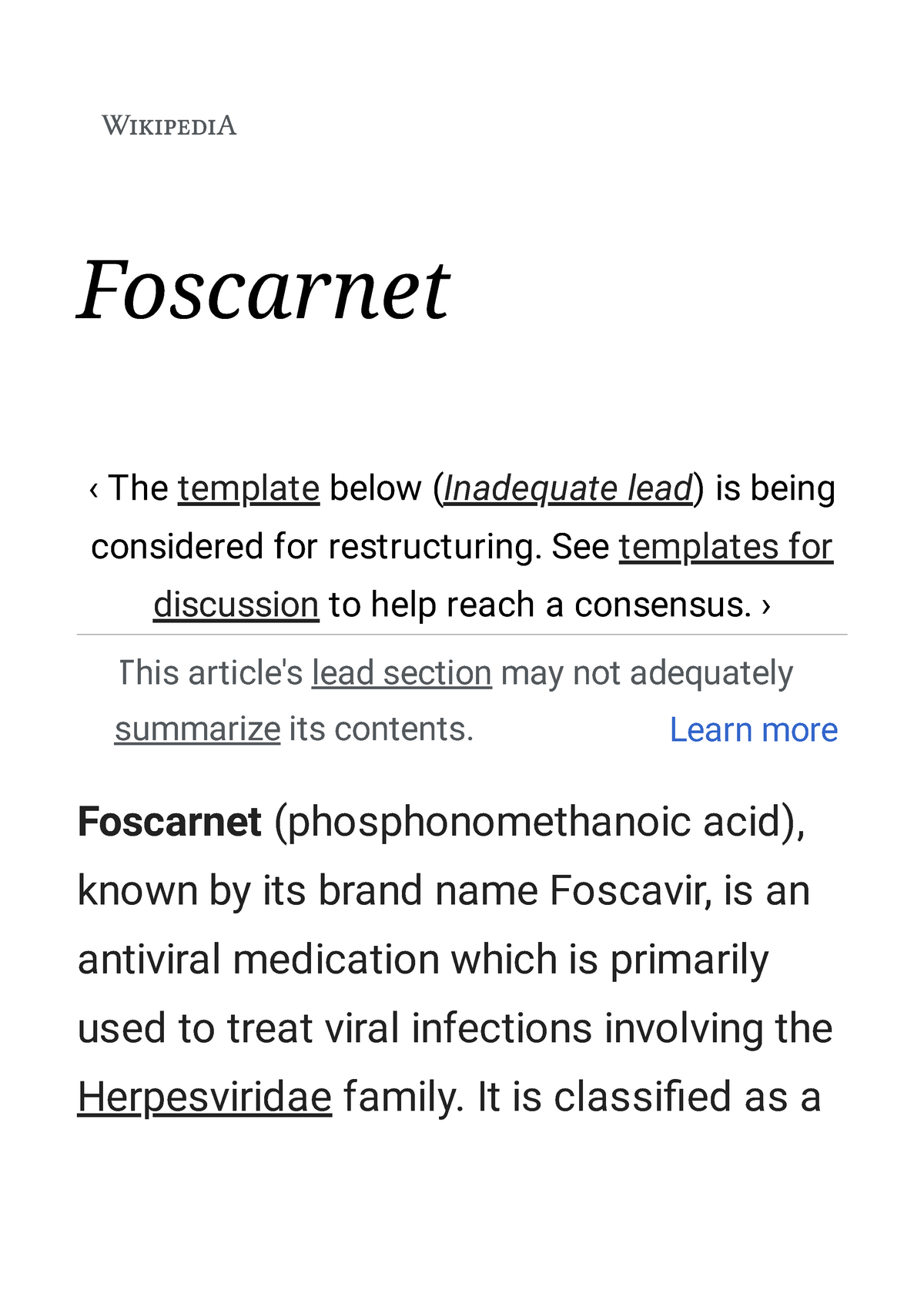Foscarnet Wikipedia Foscarnet The Template Below Inadequate Lead Is Being Studocu