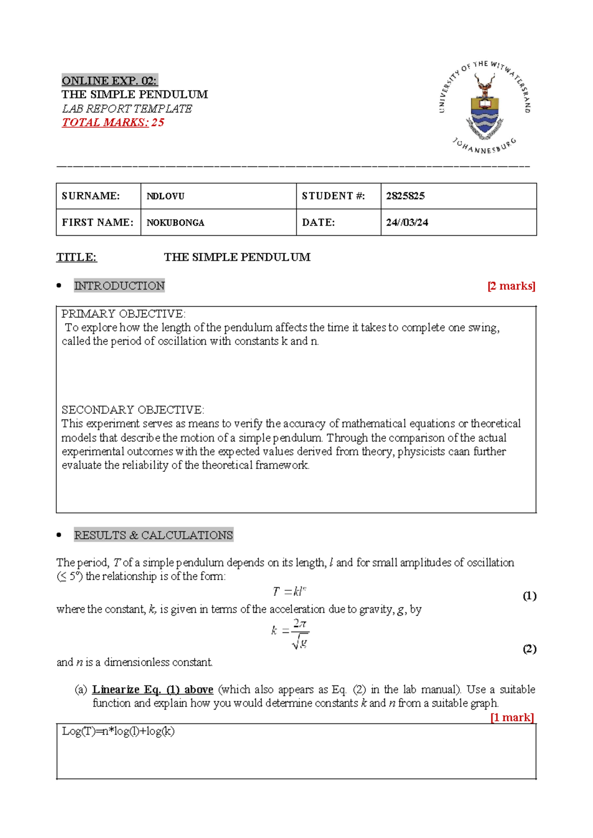 Online Exp02 - Simple Pendulum - Lab Report Template-1 - ONLINE EXP. 02 ...