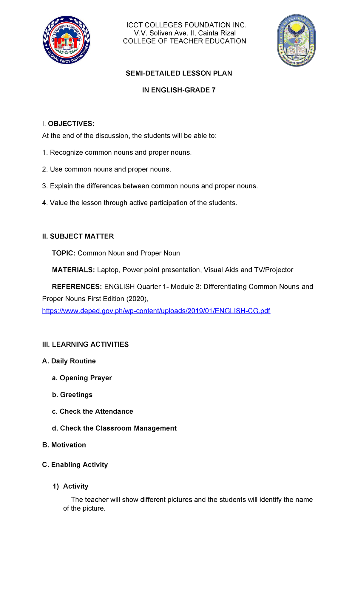 Lesson plan 1 - ICCT COLLEGES FOUNDATION INC. V. Soliven Ave. II ...