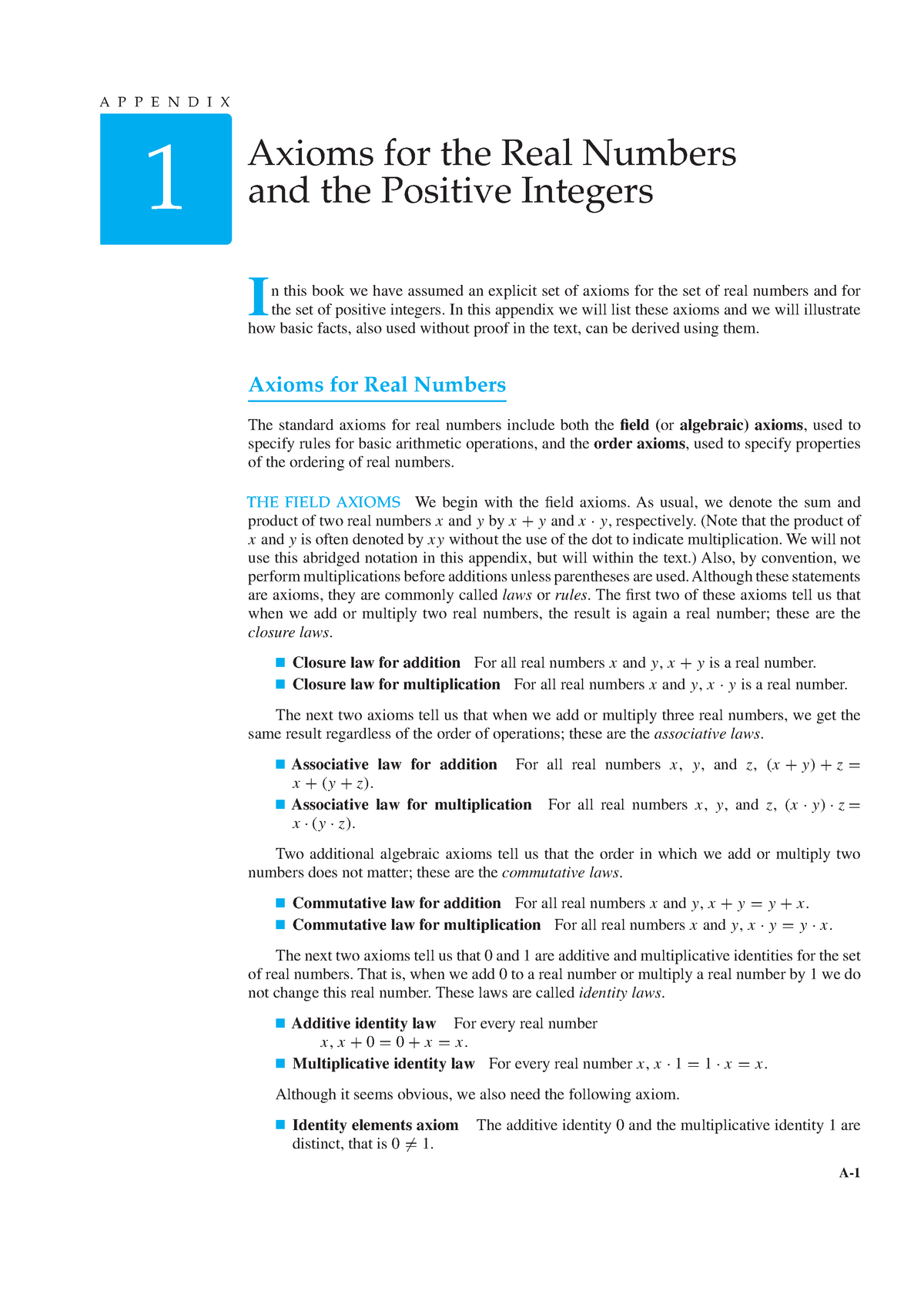 Appendix 1 - Axioms For The Real Numbers And The Positive Integers - In ...