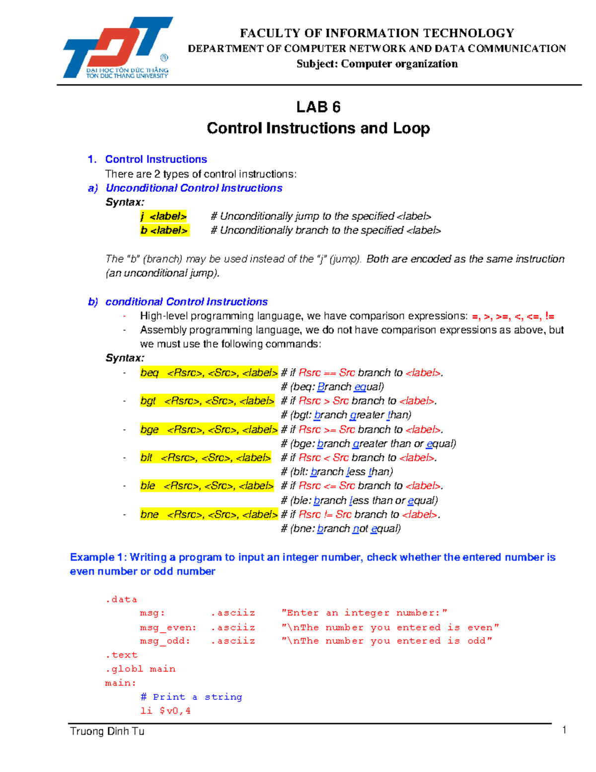 Lab 6 - Control Instructions and Loop - DEPARTMENT OF COMPUTER NETWORK ...