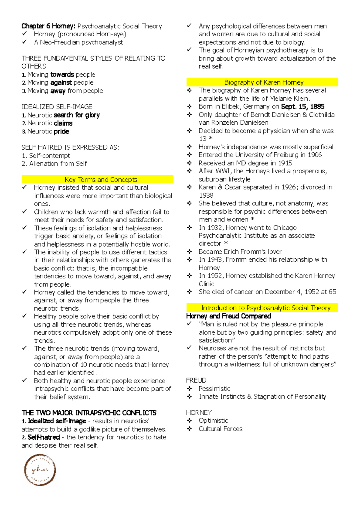 Horney-Handouts - Notes - Chapter 6 Horney: Psychoanalytic Social ...