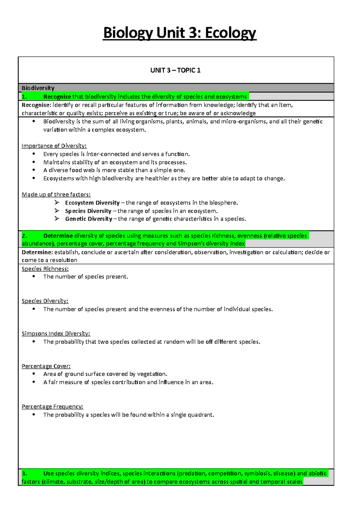 Biology Unit 3 Topic 1 Syllabus Summary Book - Biology Unit 3: Ecology ...