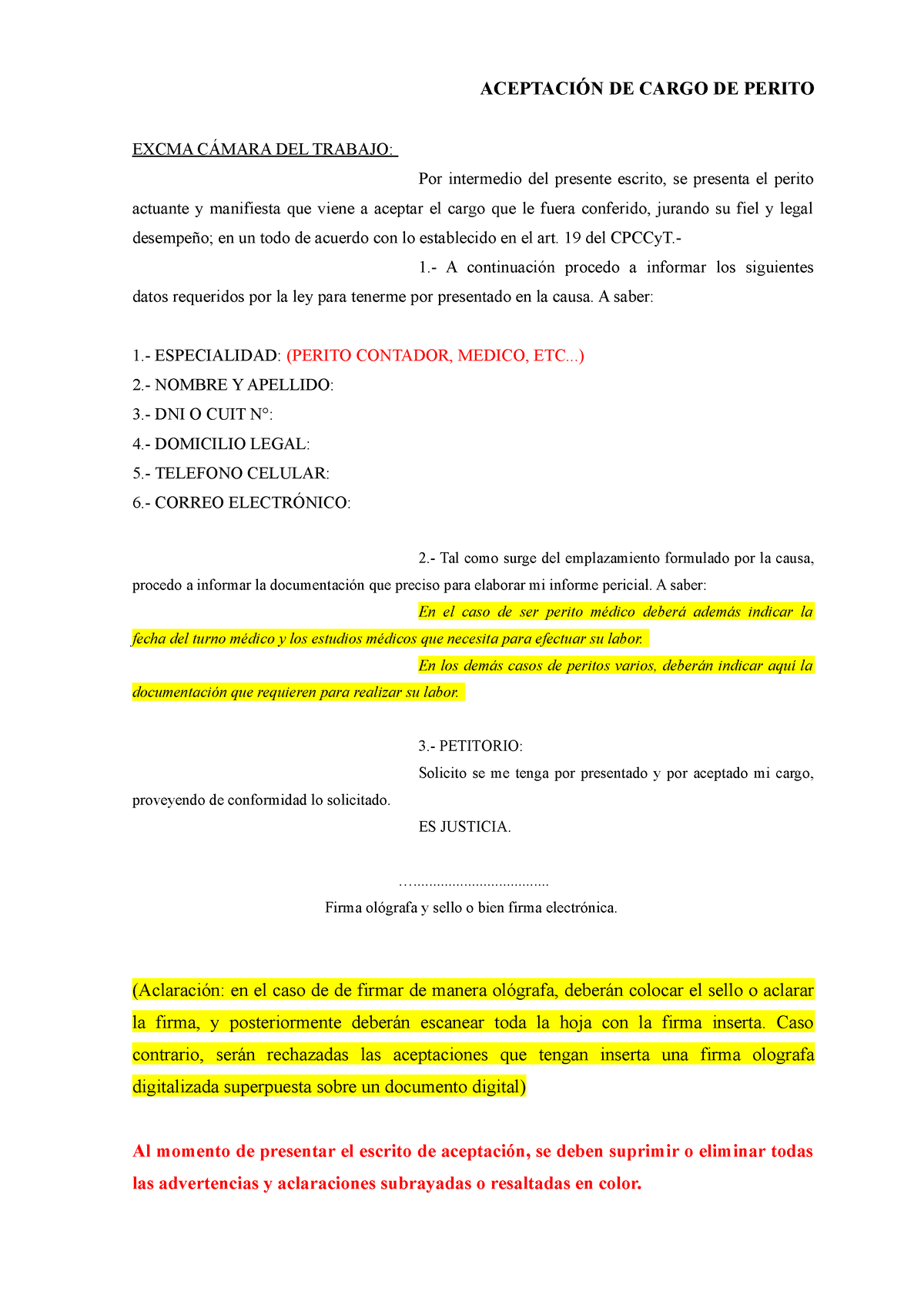 Modelo De Escrito Aceptacion De Cargo AceptaciÓn De Cargo De Perito