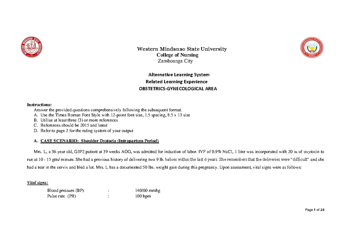 Villanueva Adrianenoel Rot2 Bsn2d Intrapartum Case Analysis Western Mindanao State University Studocu