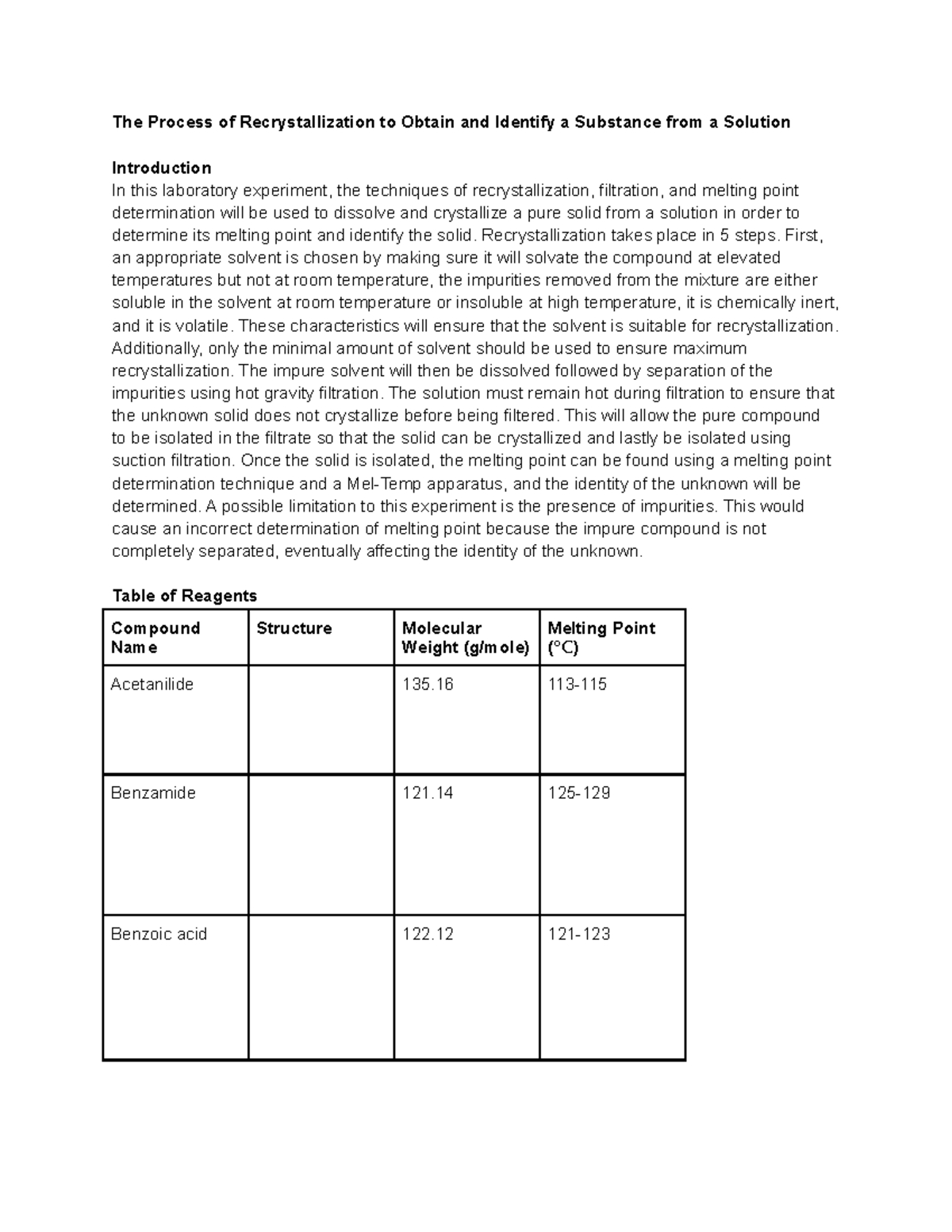 Recrystallization - Lab Report - The Process Of Recrystallization To ...