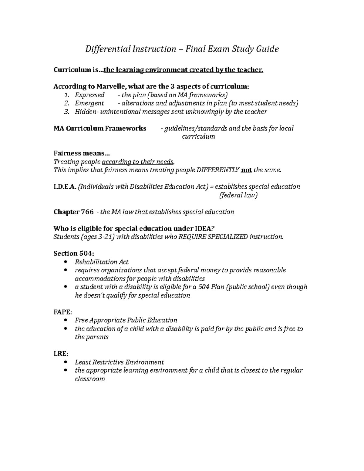 Differential Instruction – Final Exam Study Guide - . learning ...