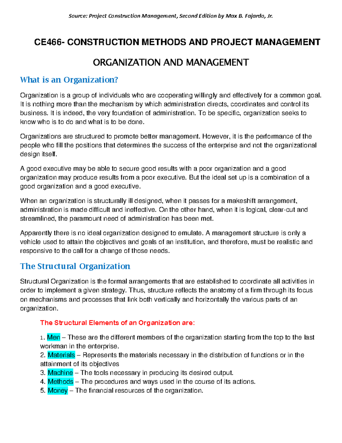 1.1 Organization And Management(pdf) - Ce52 5 – Construction Project 