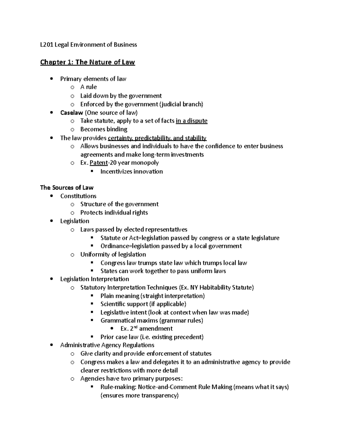 L201 Notes - L201 Legal Environment of Business Chapter 1: The Nature ...