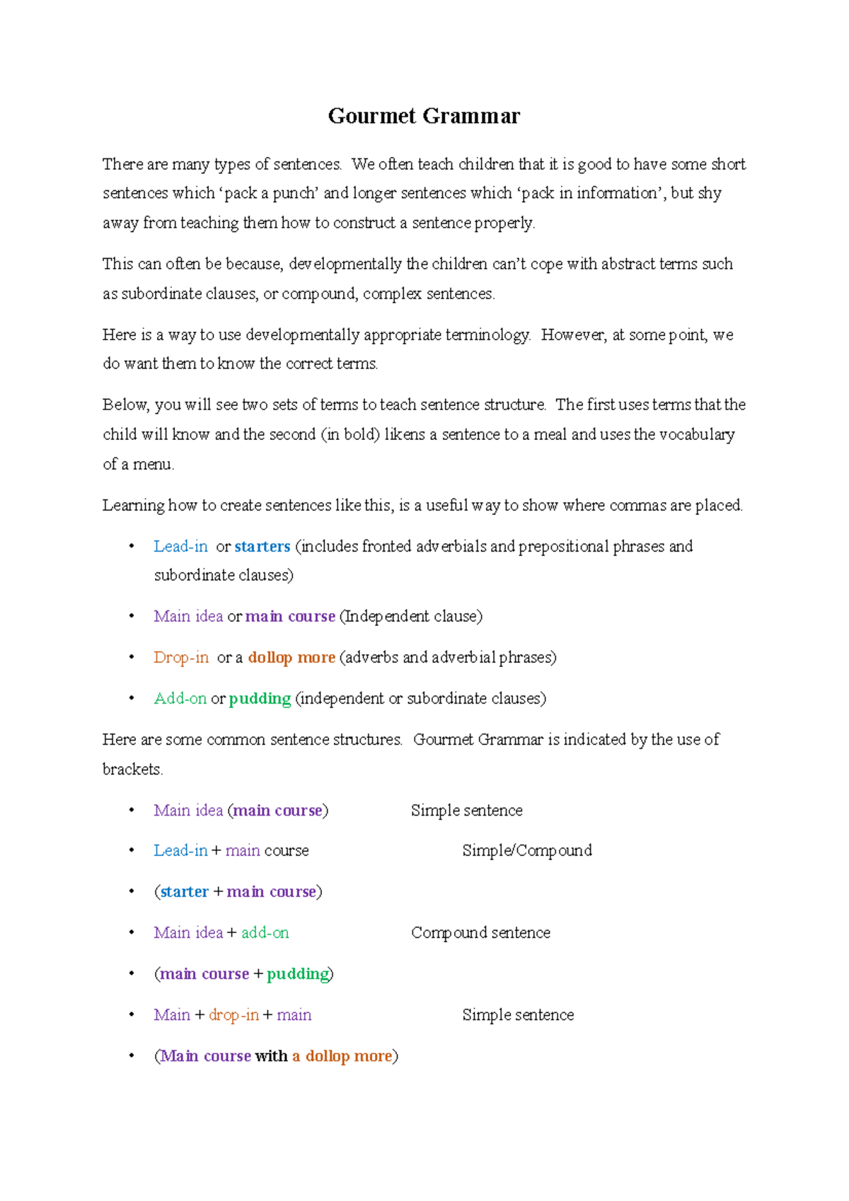 Gourmet Grammar There are many types of sentences. We often teach children that it is good