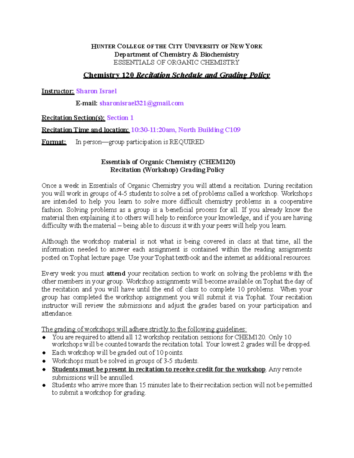 Recitation Info and Schedule(1) HUNTER COLLEGE OF THE CITY UNIVERSITY