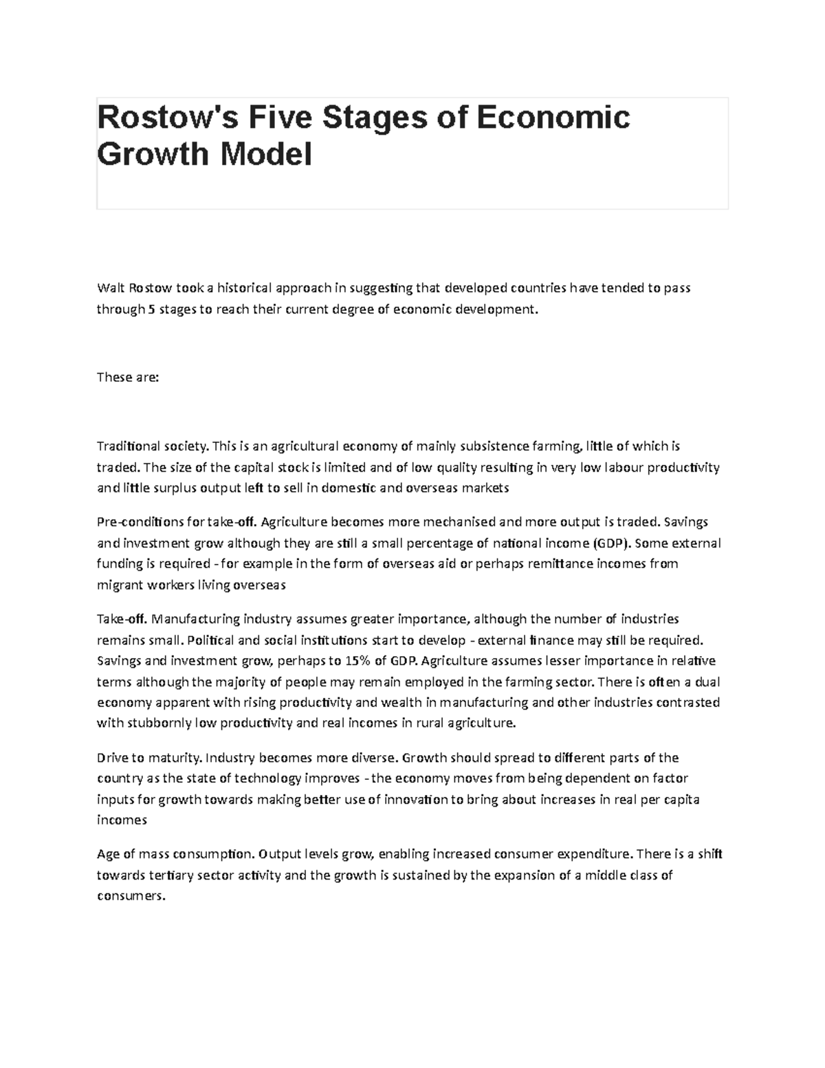 Rostow S Five Stages Of Economic Growth Model