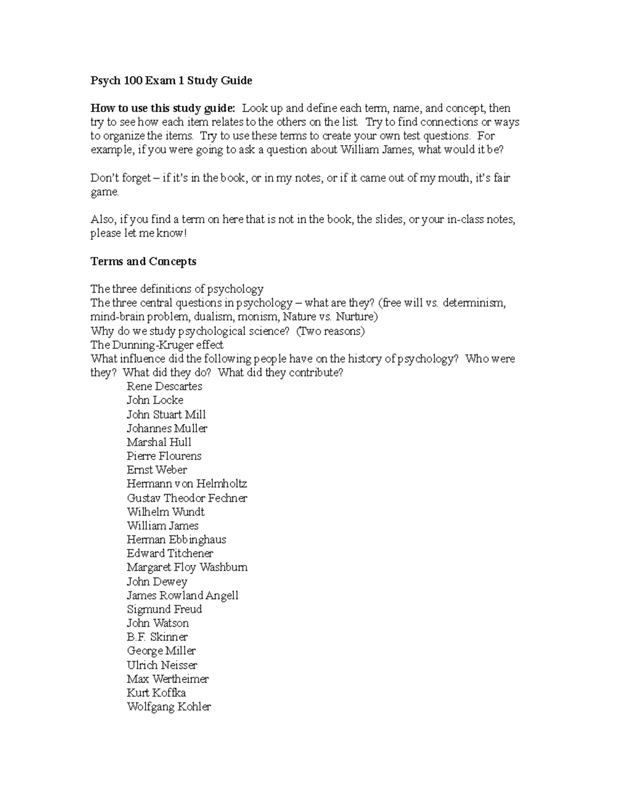 PSY 100 Exam 1 Study Guide Chapters 1, 2, and 3 - Psych 100 Exam 1 ...