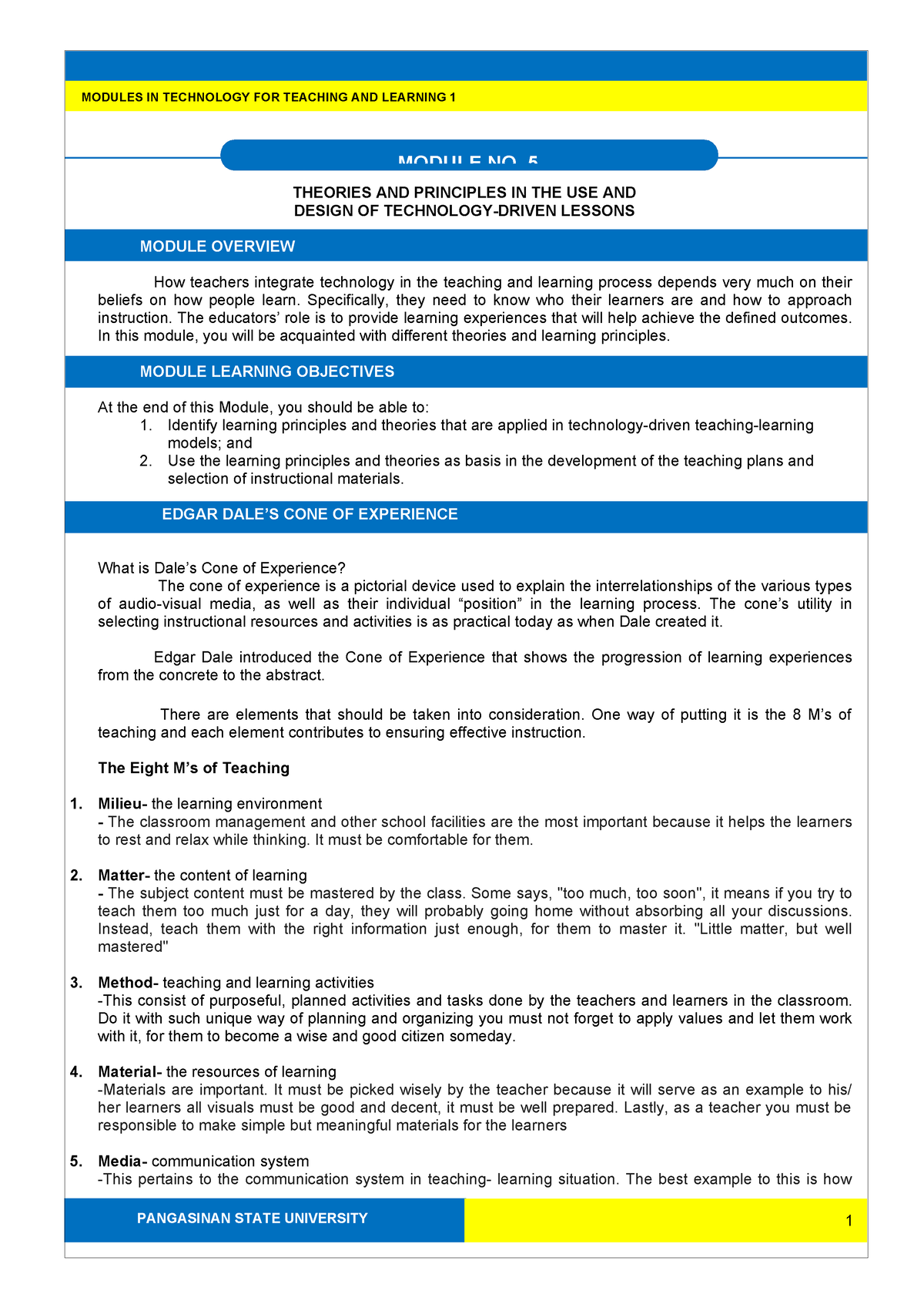 TTL 1 Module 5 20 points - MODULE NO. 5 PANGASINAN STATE UNIVERSITY ...