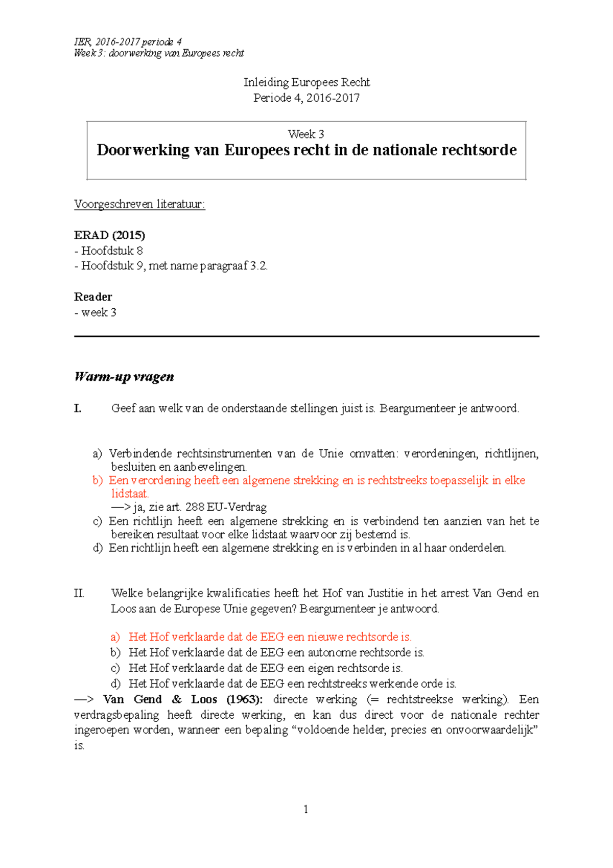 WG 3 - Inleiding Europees Recht - Week 3: Doorwerking Van Europees ...