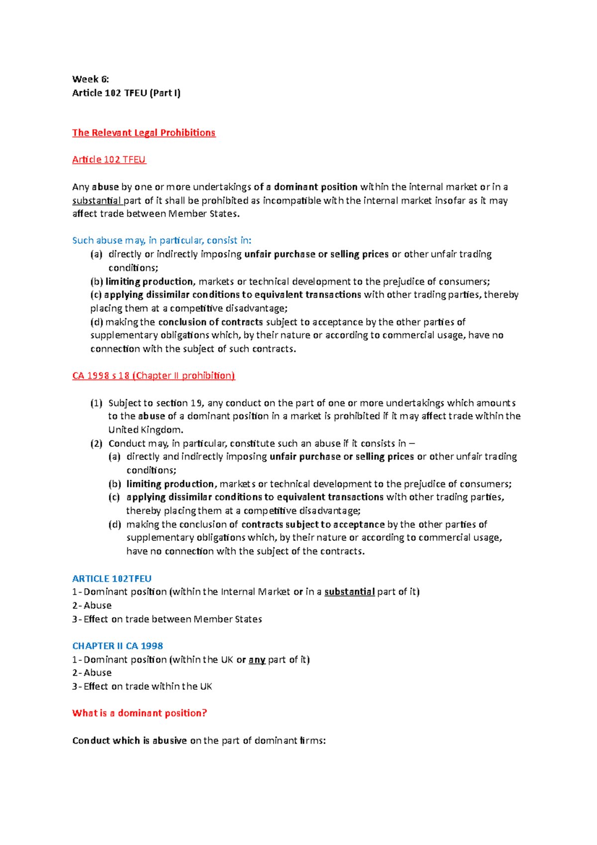 Week 6 - Article 102 (I) - Week 6: Article 102 TFEU (Part I) The ...