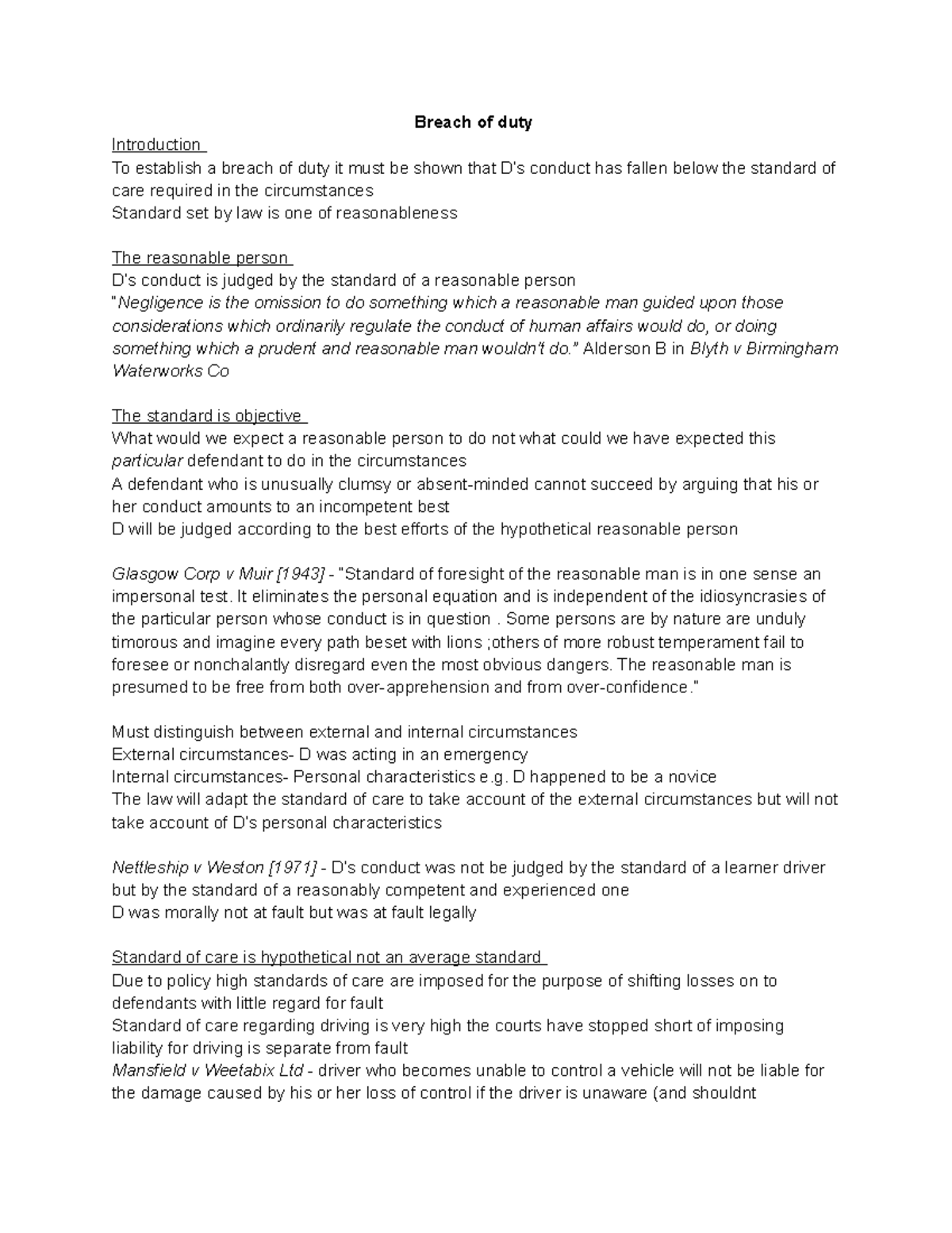 Tort Breach of Duty Notes - Breach of duty Introduction To establish a ...