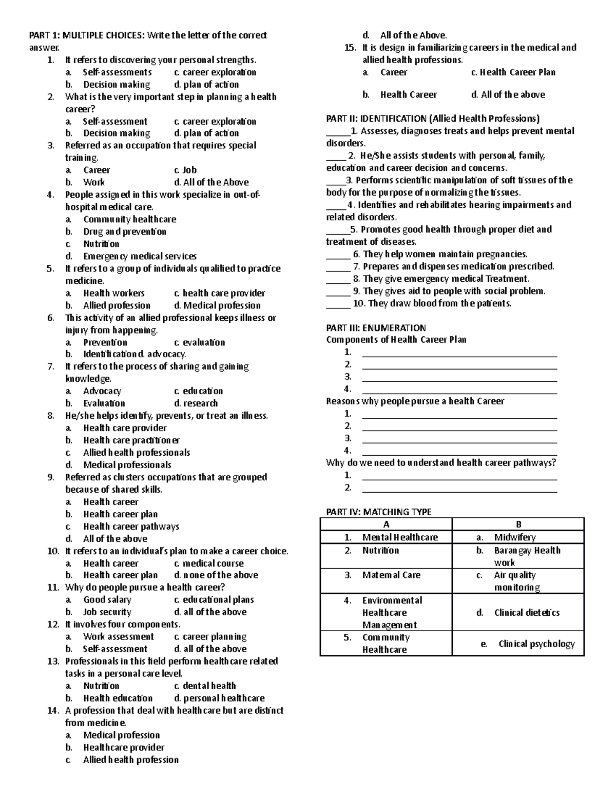 Long test in health hrade 10 4th quarter - PART 1: MULTIPLE CHOICES ...