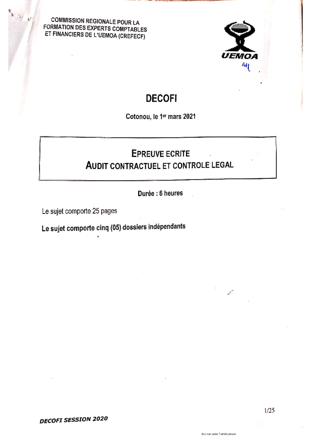 Sujet Decofi 2020 - Diplôme d'Expertise Comptable et Financière - Studocu