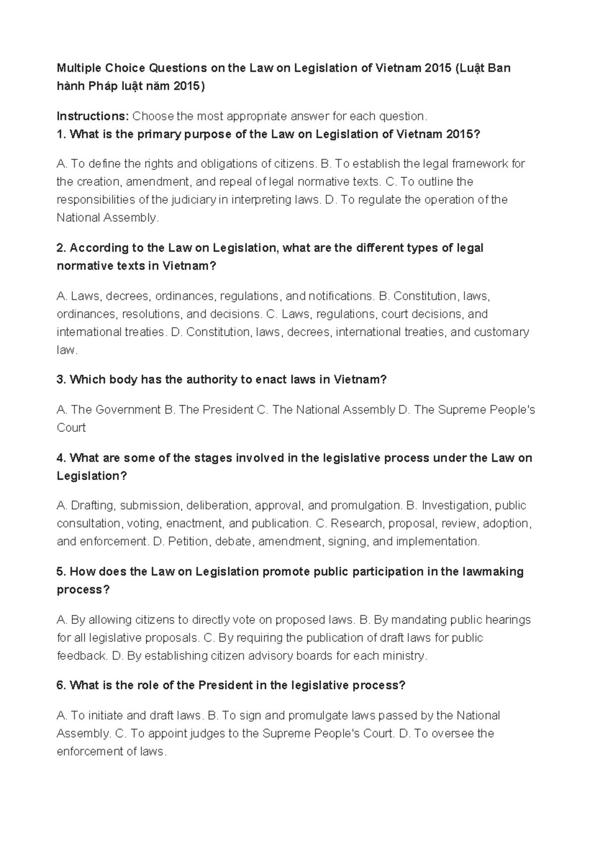 Multiple Choice Questions on the Law on Legislation of Vietnam 2015