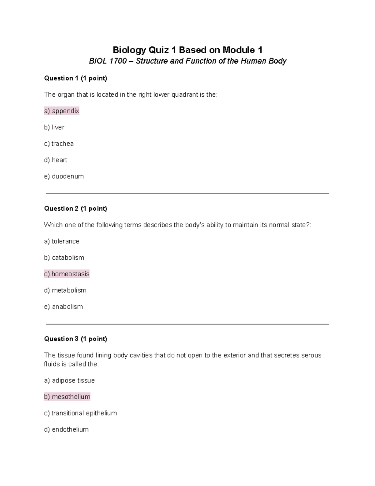 Biology Quiz 1 Based on Module 1 Biology Quiz 1 Based on Module 1