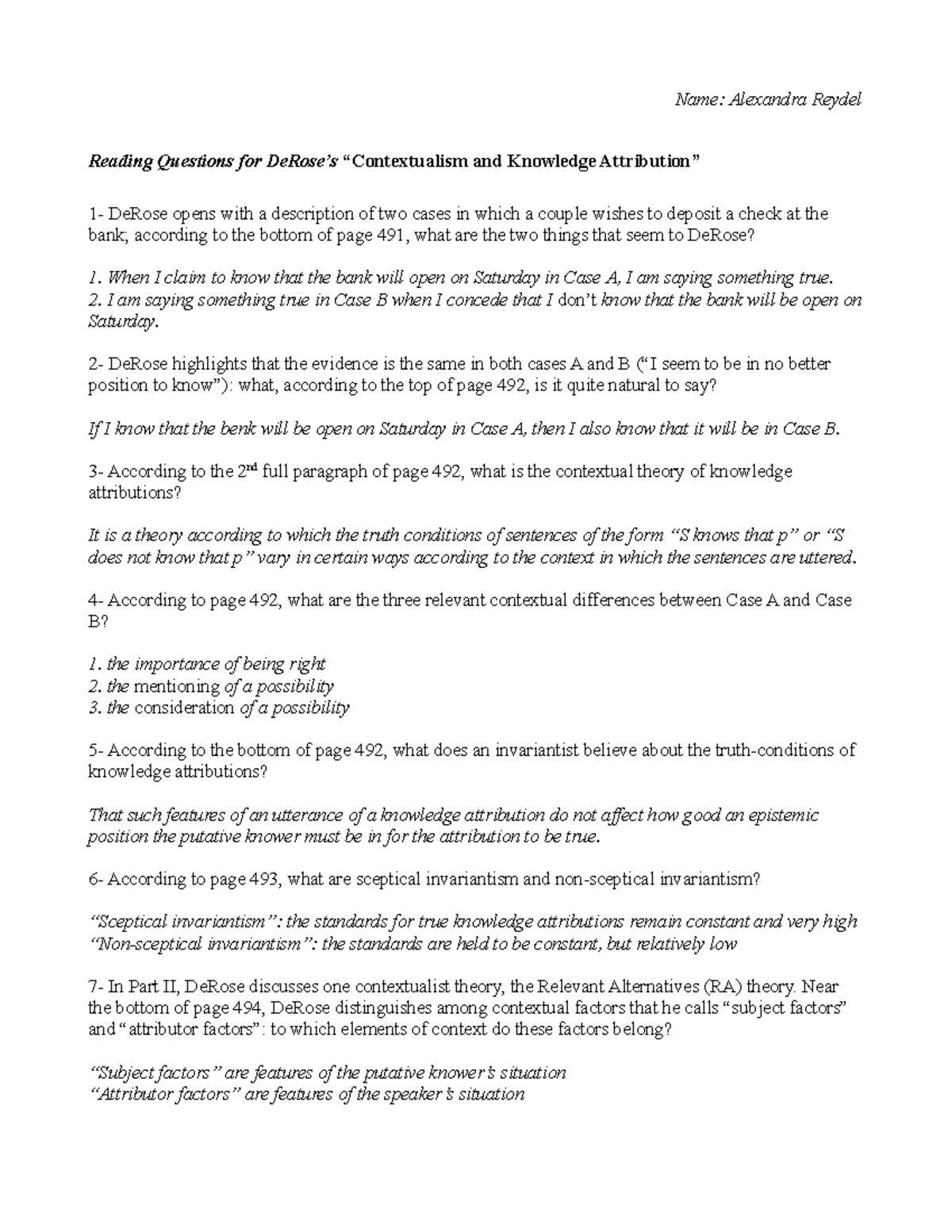 Reading Questions DeRose - Name: Alexandra Reydel Reading Questions for ...