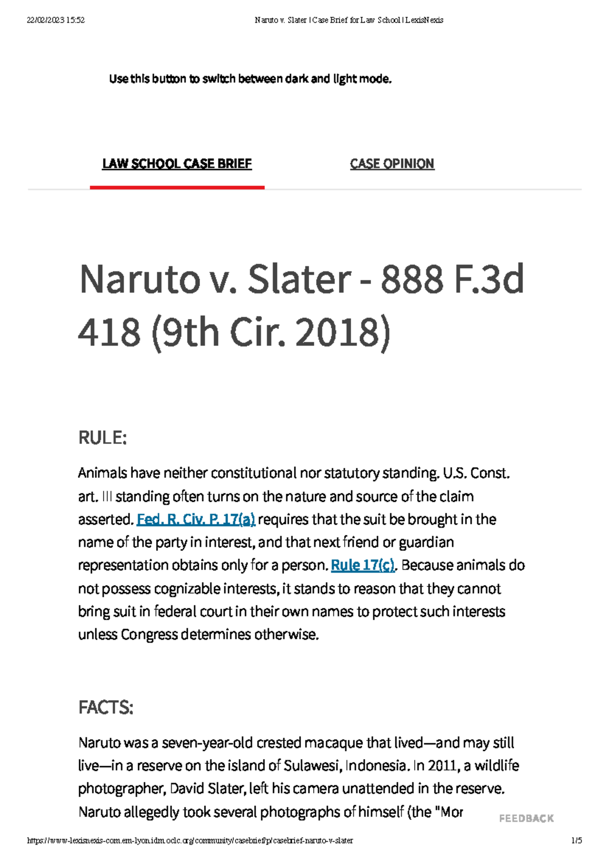 Naruto v. Slater Case Brief for Law School Lexis Nexis 22/02/2023 1552 Naruto v. Slater