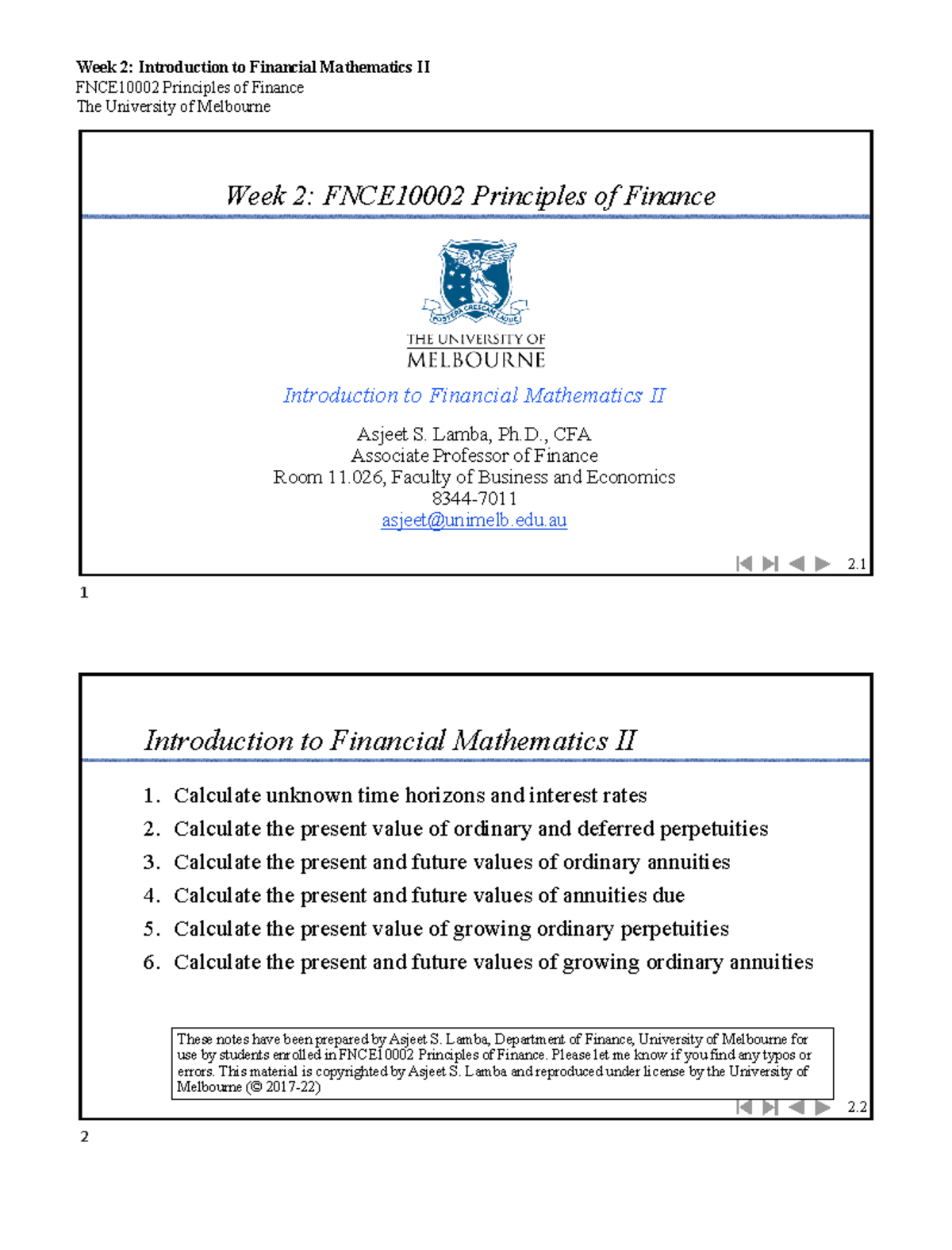 Lec02-Fin Math 2-2perpage - FNCE10002 Principles of Finance The ...