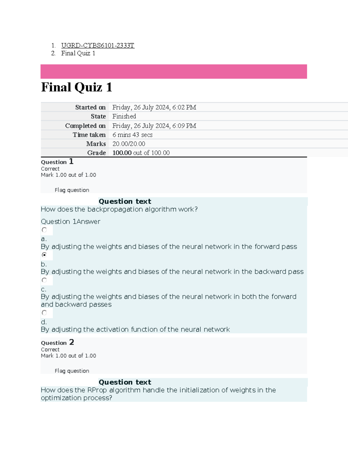 UGRD-CYBS6101 Artificial Intelligence Fundamentals Final Quizzes - 1 ...