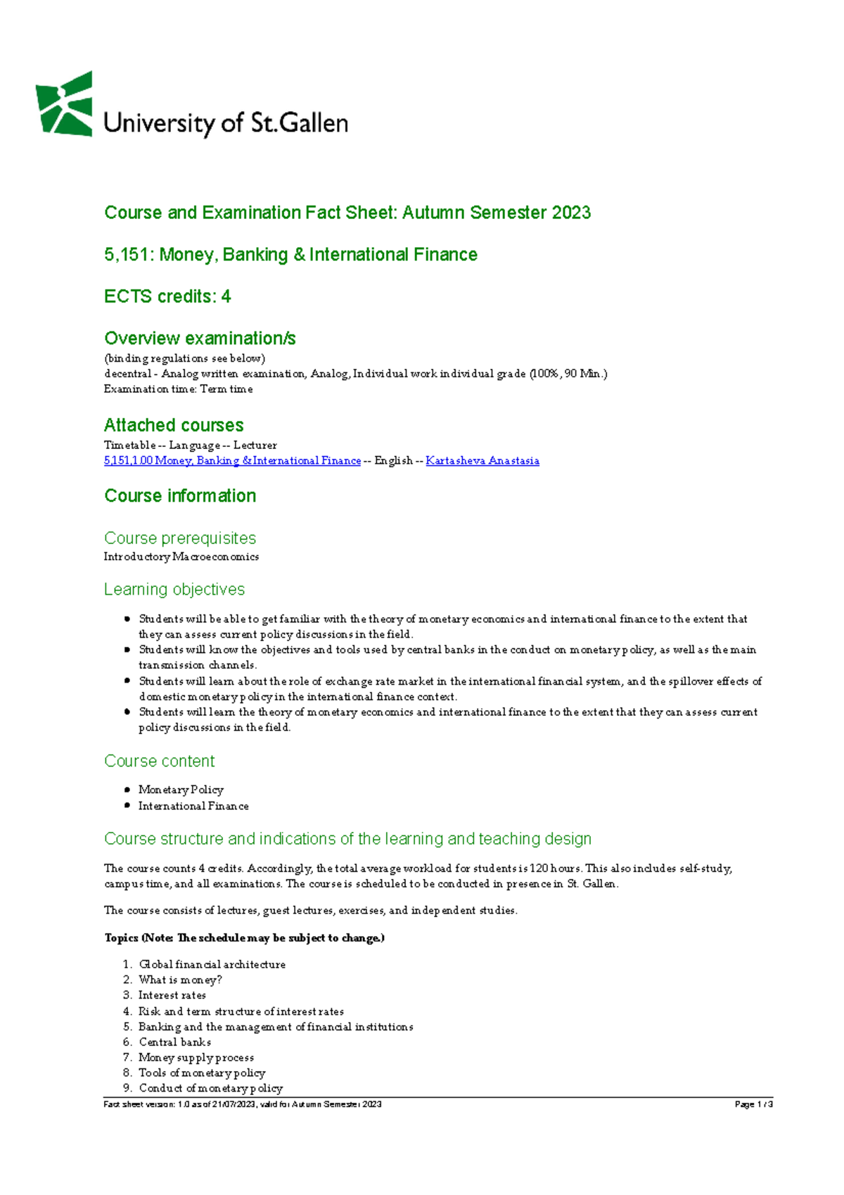 5,151,1 - Course and Examination Fact Sheet: Autumn Semester 2023 5,151 ...