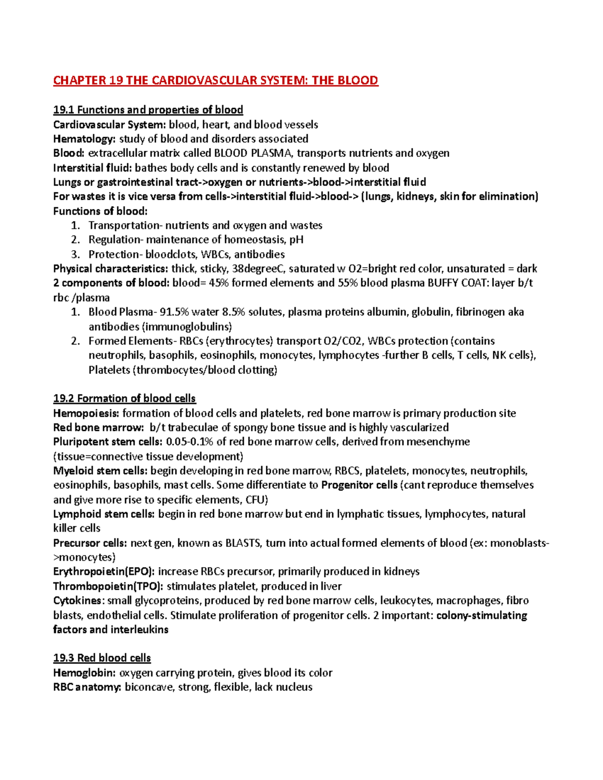 Chapter 19 Notes THE Cardiovascular System - CHAPTER 19 THE ...