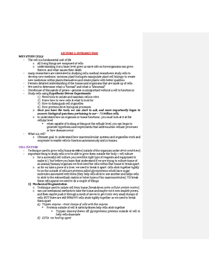 Lecture 1 - week 1 notes - Lecture 1 Introduction to Cell Biology 2024 ...