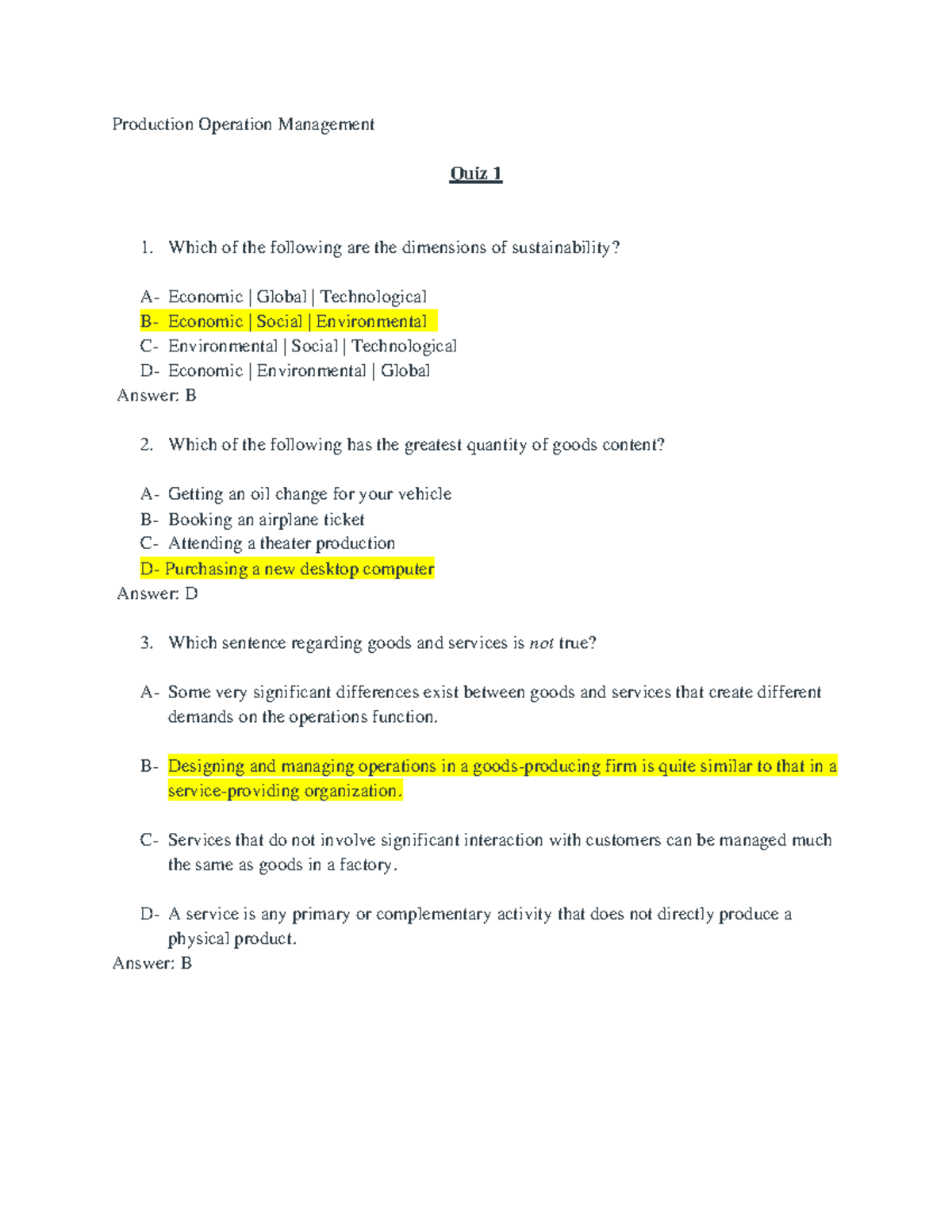 Production Management Quiz 1 - Production Operation Management Quiz 1 ...