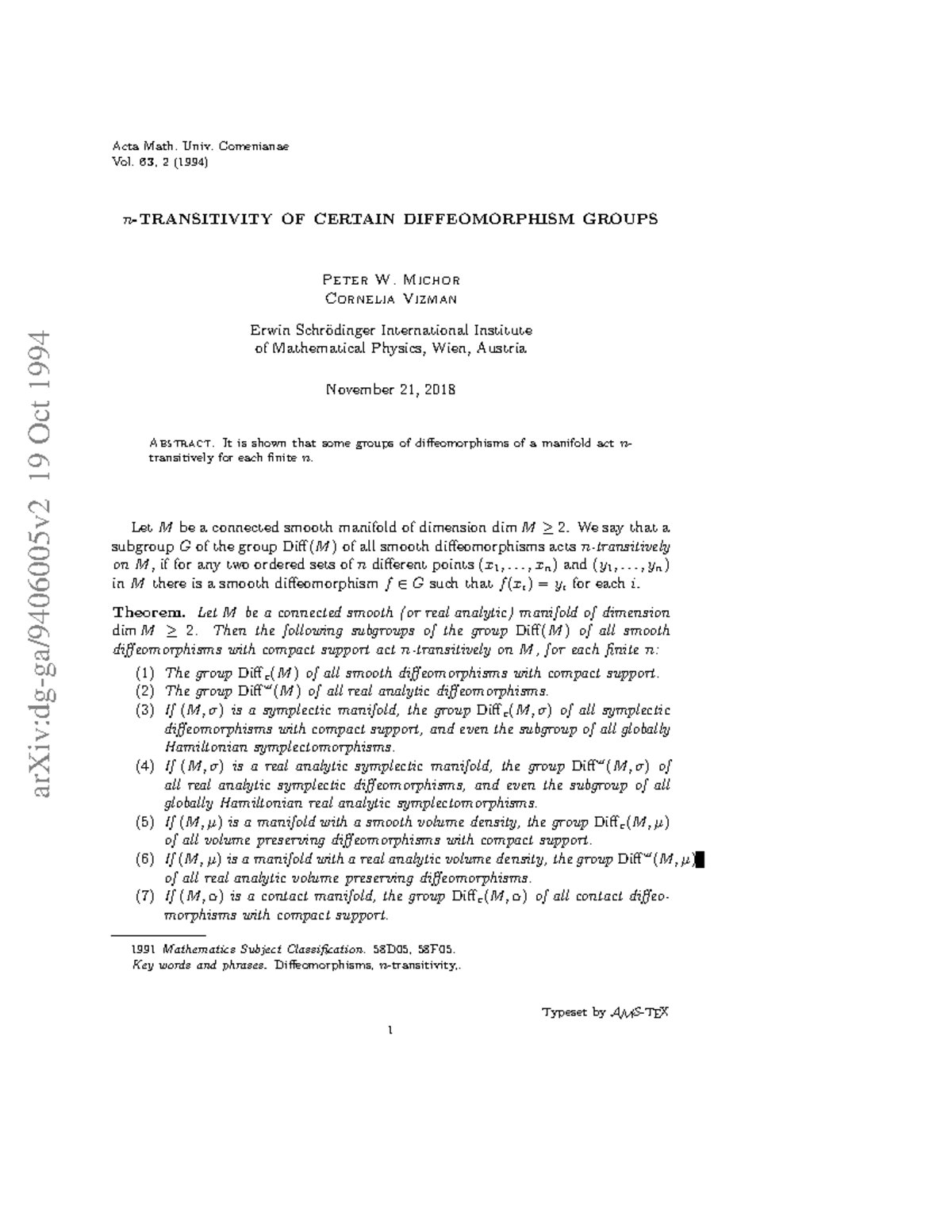 9406005 - Cours - arXiv:dg-ga/9406005v2 19 Oct 1994 Acta Math. Univ ...