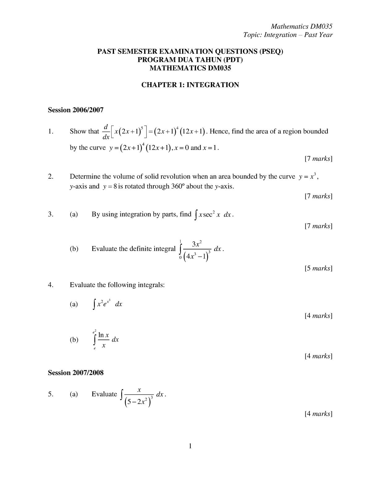 Chapter 1 Integration Past Years - Topic: Integration – Past Year PAST ...