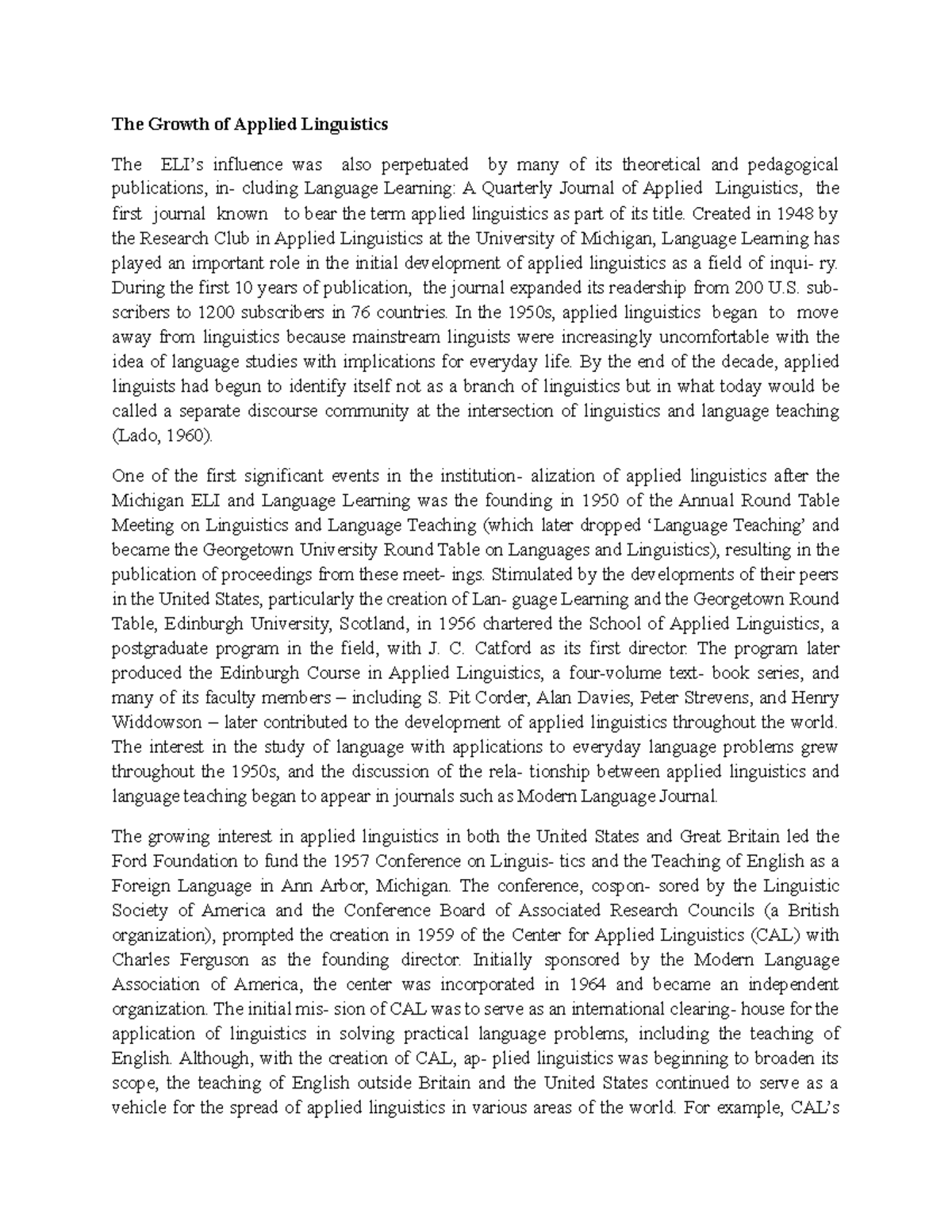 English Language Linguistics The Growth Of Applied Linguistics The