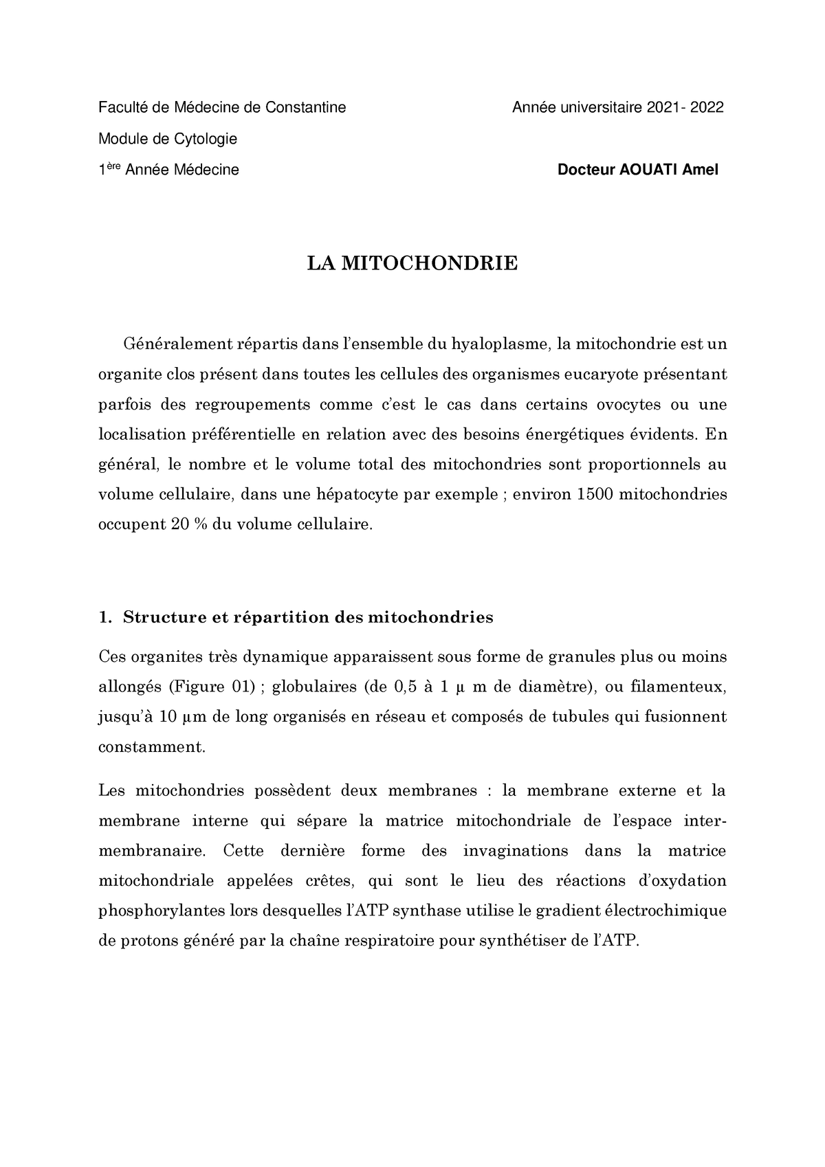 Cyto1an-mitochondrie - Faculté De Médecine De Constantine Année ...