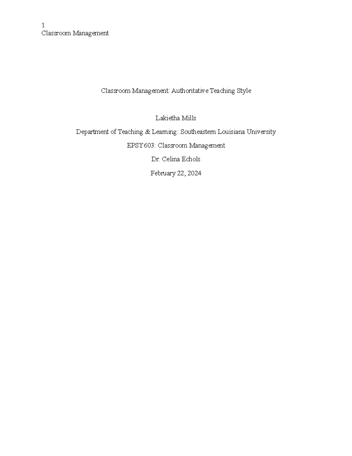 Classroom Management Position Paper EPSY-603 - Classroom Management ...