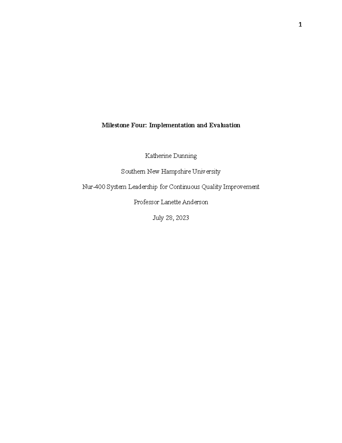 NUR-400-H6826 Module 5-1 Milestone 4 - Milestone Four: Implementation ...