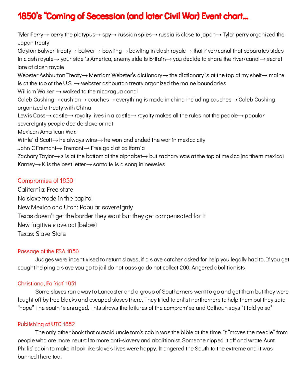 APUSH Secession Summary - 1850’s “Coming of Secession (and later Civil ...