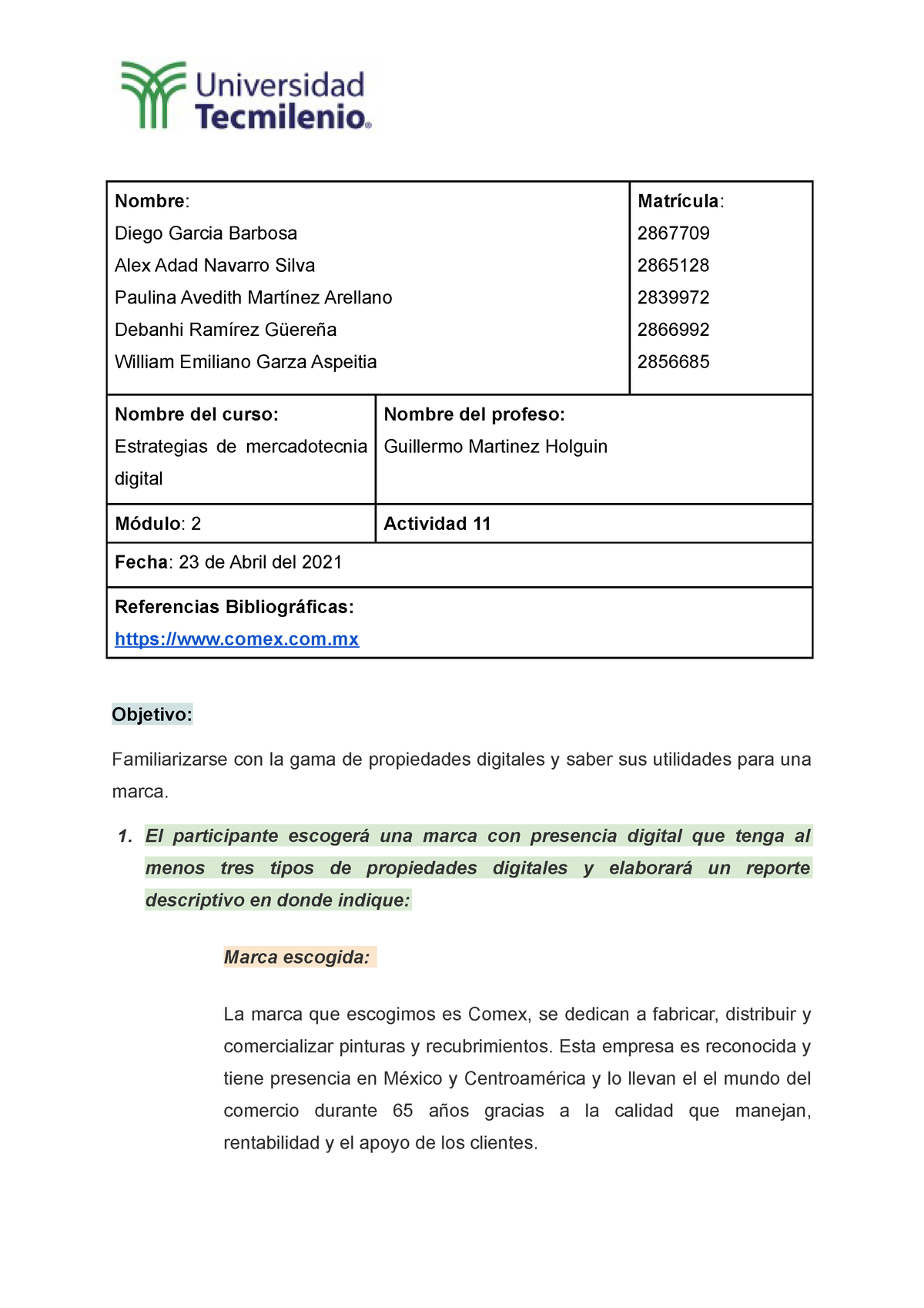 Actividad 11 Mercadotecnia Digital y publicidad en la uni - Nombre : Diego  Garcia Barbosa Alex Adad - Studocu