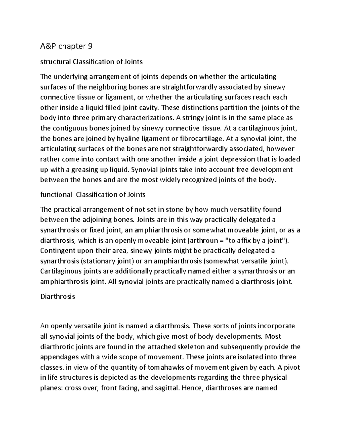 A&P chapter 9 - brief notes - A&P chapter 9 structural Classification ...