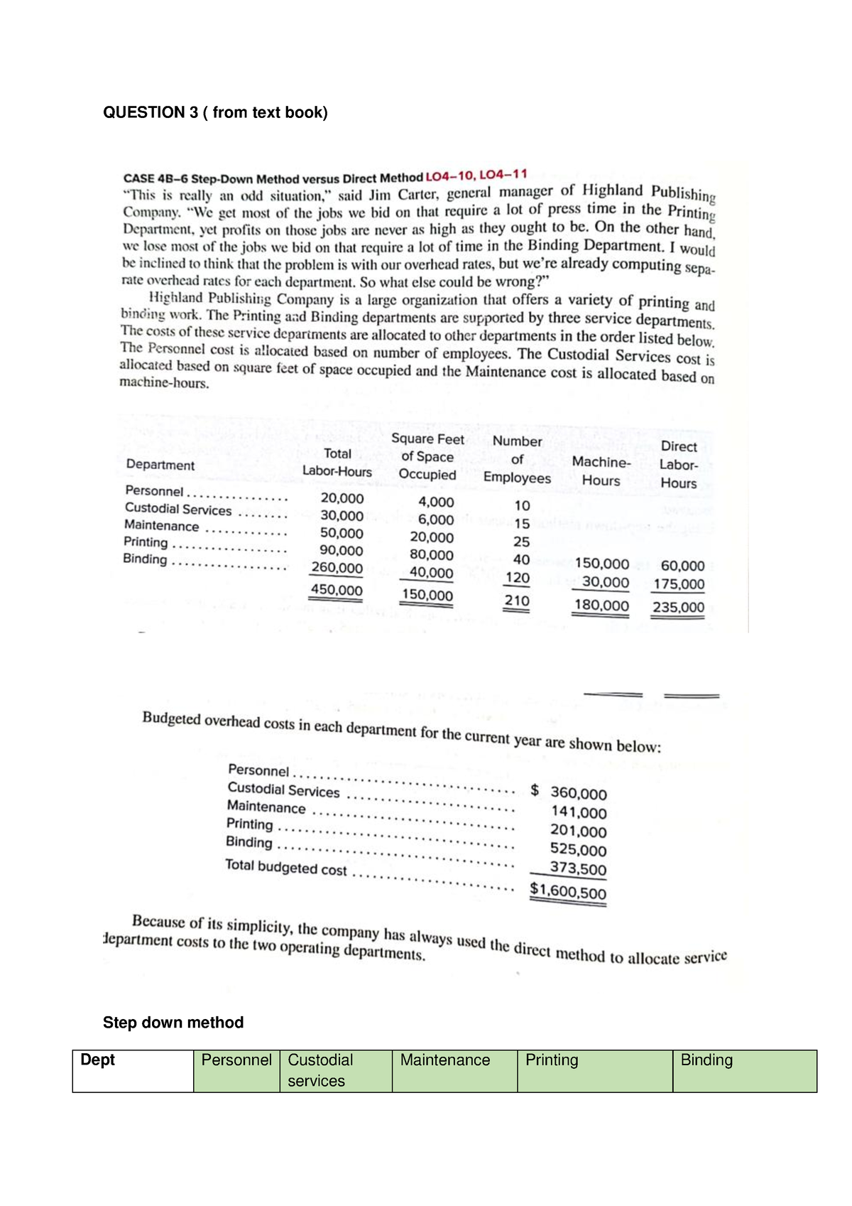 Question 3 - Cost Of Allocation - QUESTION 3 ( From Text Book) Step ...