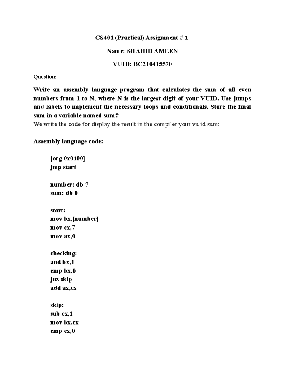 CS401 practical Assignment - Use jumps and labels to implement the ...