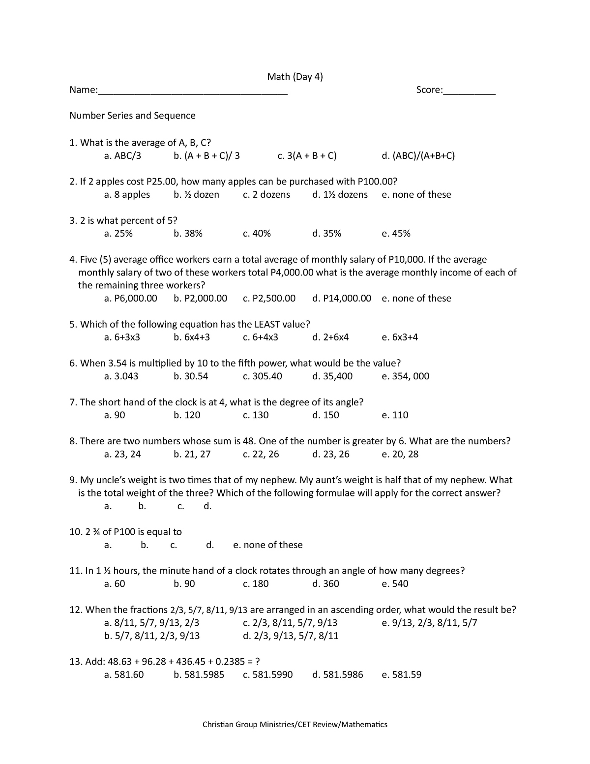 Cet Review Mathematics Day 4 - Name:                          Math (day 